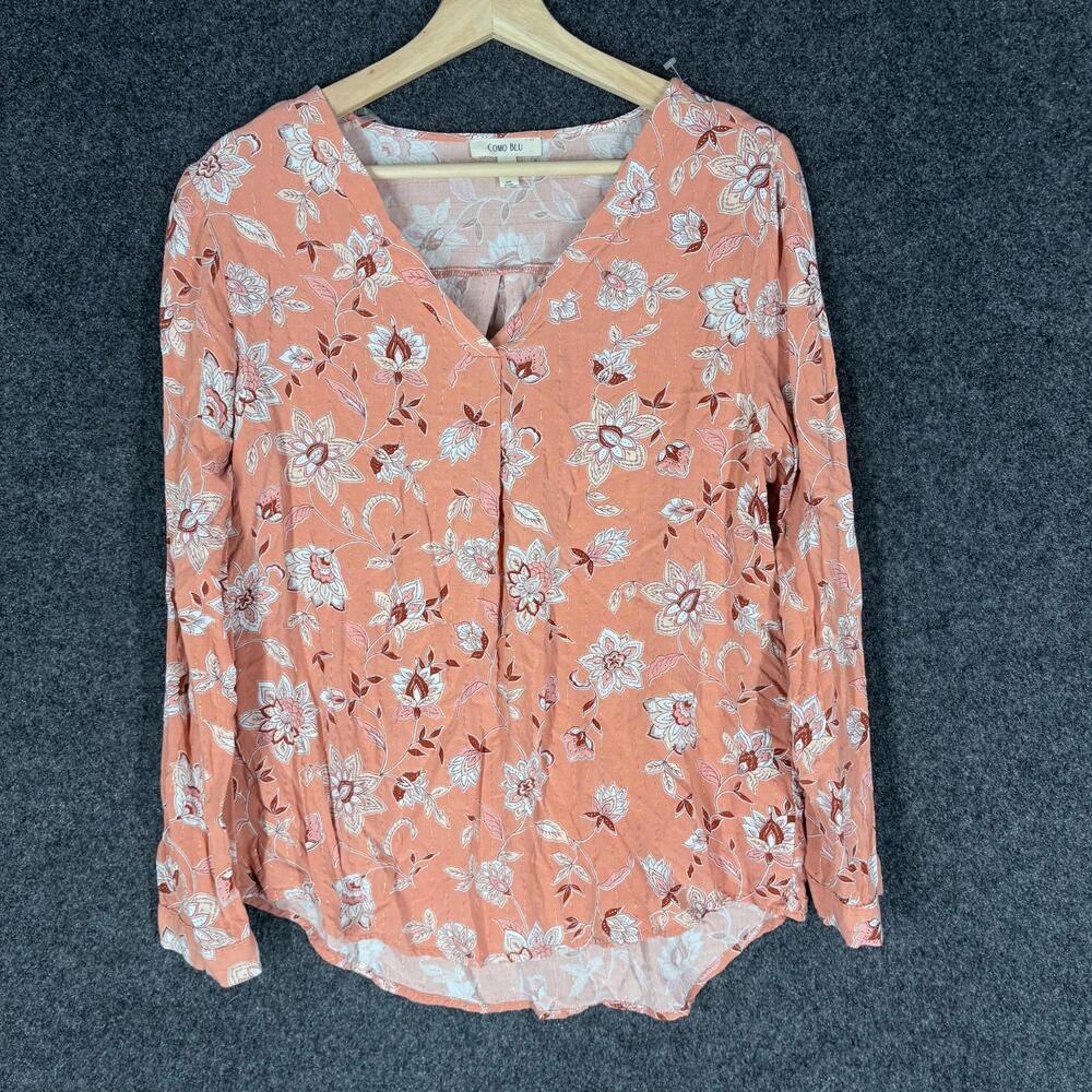 Como Blu Blouse Women L Large Pink Floral V-Neck Long Sleeve Rayon Casual